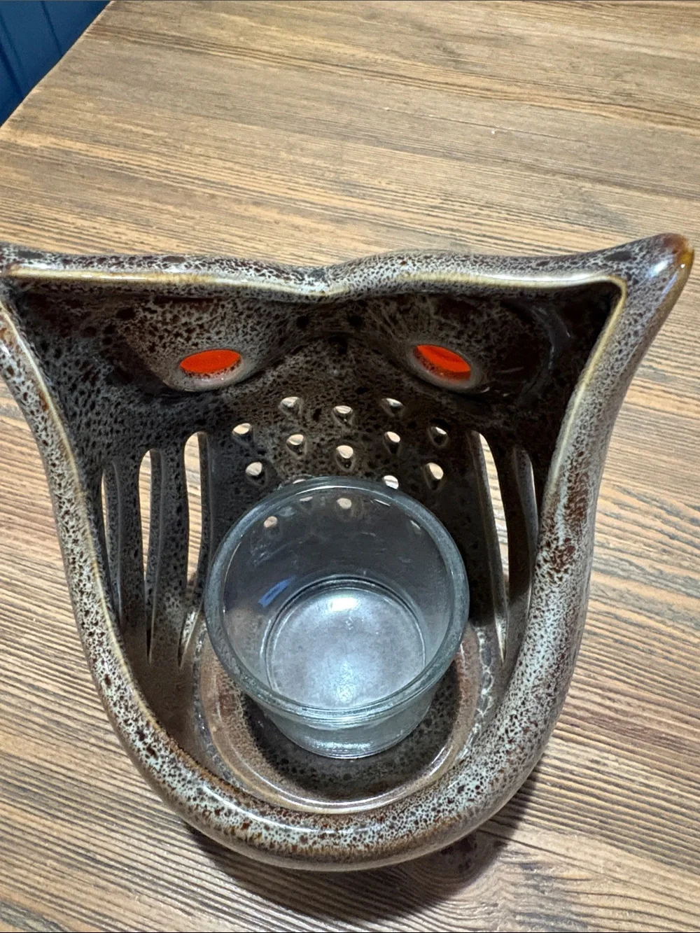 Vintage PartyLite Brown Speckled Ceramic Owl Votive Holder